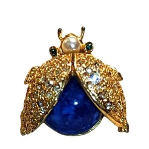 Vintage SPHINX Beetle Brooch Faux Lapis Pearl Rhinestone Bug Insect Pin